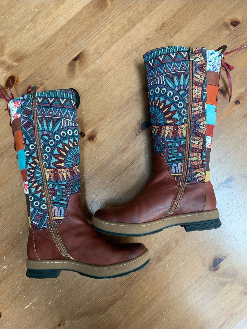 Women's Boho Brown Leather Boots with Teal Patterned Shaft - Picture 6 of 10